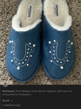True Religion Denim Slippers with Pearl Stud Accents - Blue